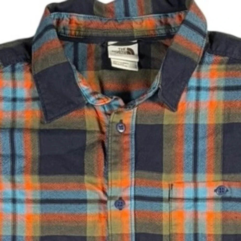 The North Face Mens L Orange/Navy Blue Plaid 100% Cotton Flannel Long Sleeve